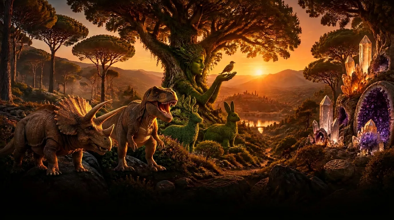 El Bosque Encantado: el árbol encantado con la dama de El Bosque y su pajarillo, dinosaurios de Dinolandia y cristales de Mineralandia al atardecer